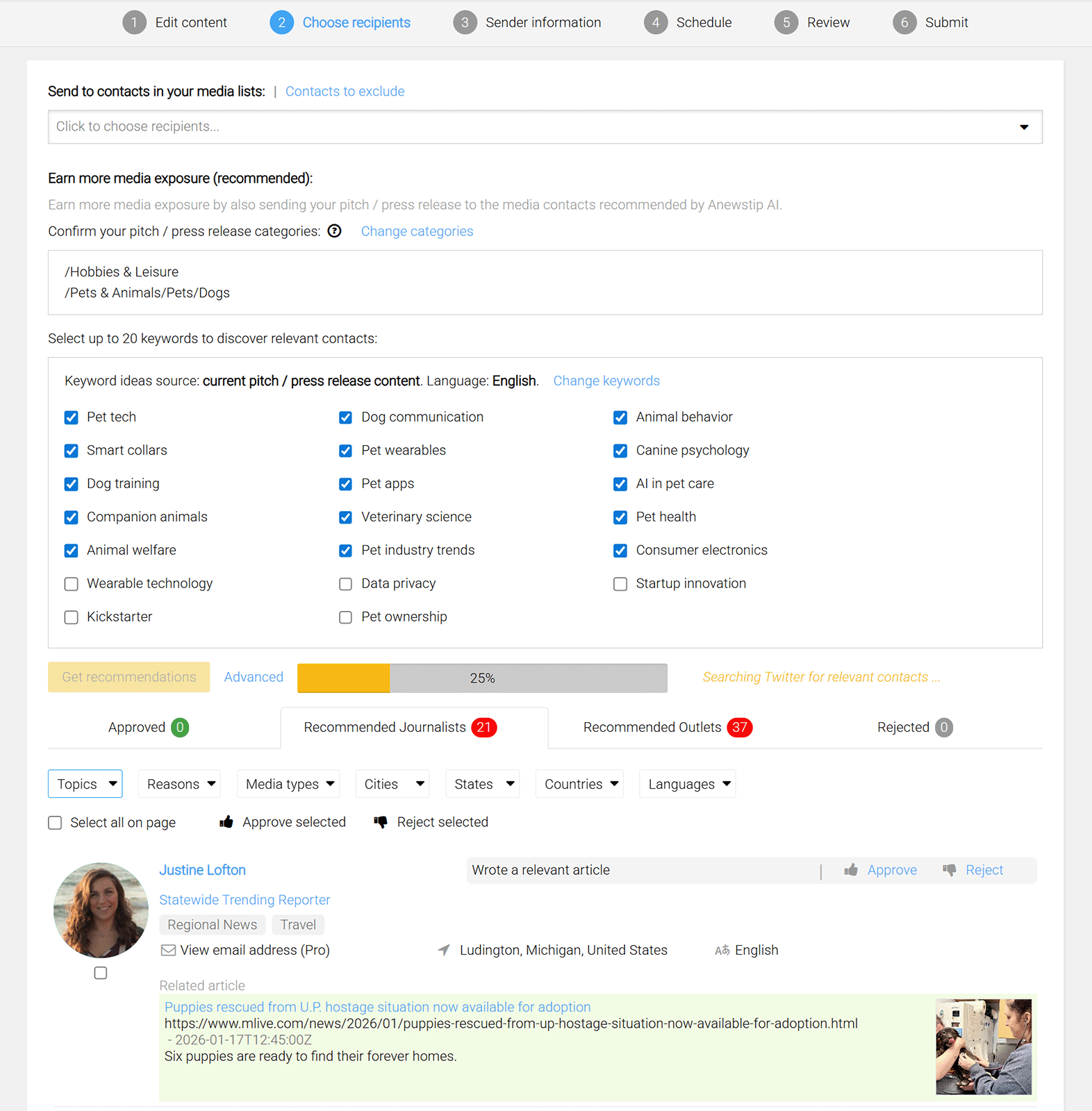 Anewstip recommended journalists list with topics, locations, keywords, and approve or reject actions.